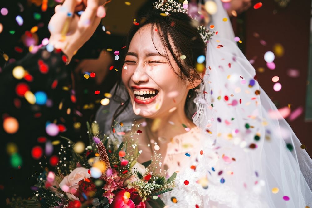 Stylish Taiwanese lesbian bride on her wedding day cheerful confetti laughing.