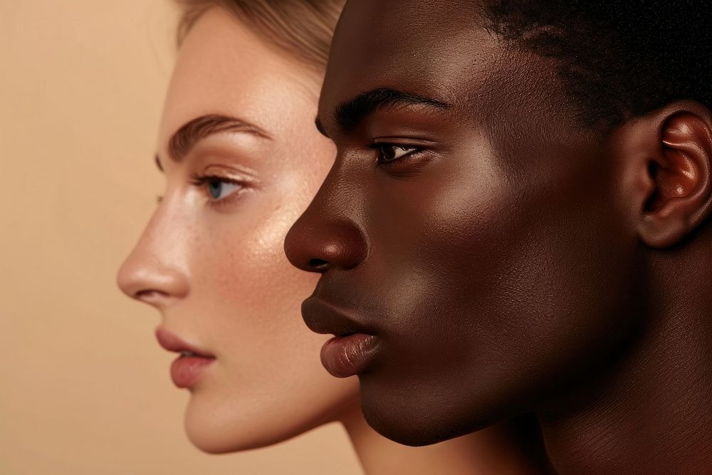 Diversity woman and man close-up facial adult skin studio shot.
