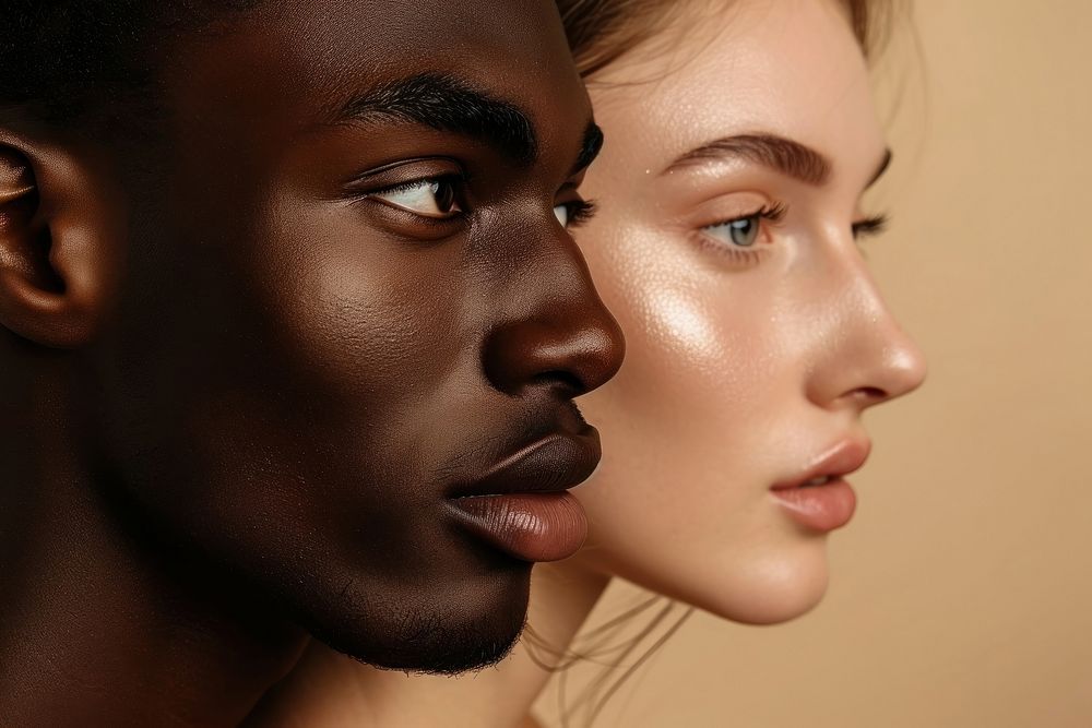 Diversity woman and man close-up facial adult skin studio shot.