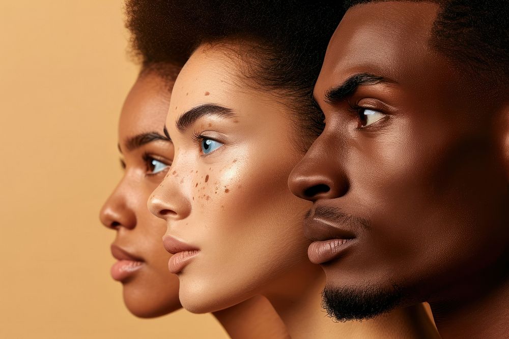 Diversity women and men close-up facial adult skin togetherness.