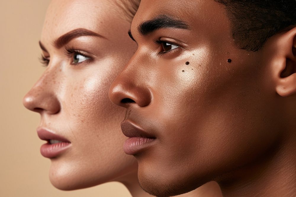 Diversity women and men close-up facial adult skin togetherness.
