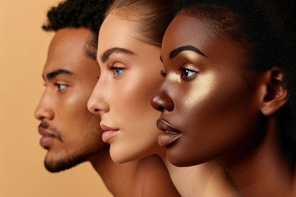 Diversity women and men close-up facial portrait adult skin.