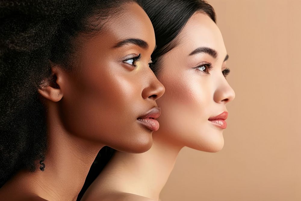 Diversity women close-up facial adult skin togetherness.