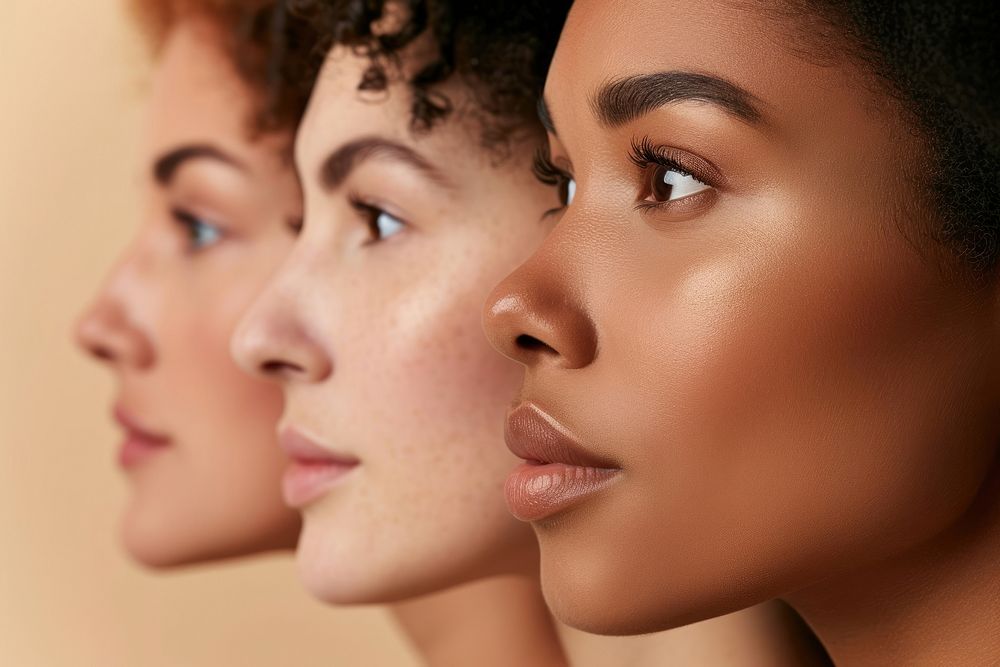 Diversity women close-up facial adult skin studio shot.