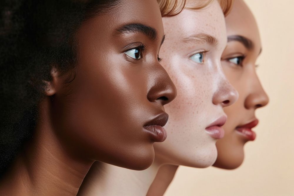 Diversity women close-up facial adult skin studio shot.