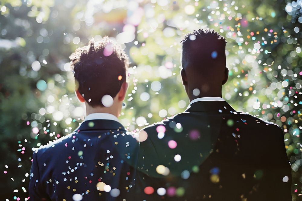 LGBTQ gay wedding bride and groom confetti outdoors photography.