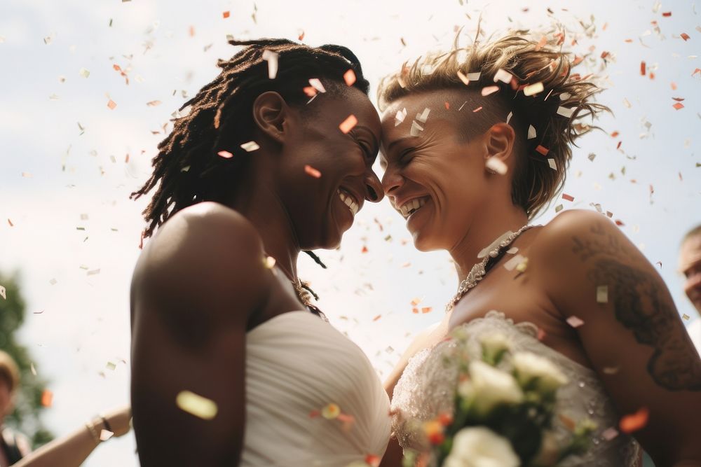 LGBTQ gay wedding bride and groom photography laughing portrait.