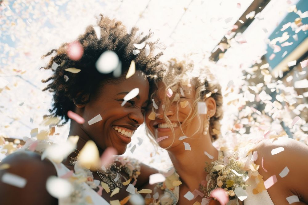 LGBTQ gay wedding bride and groom confetti photography laughing.