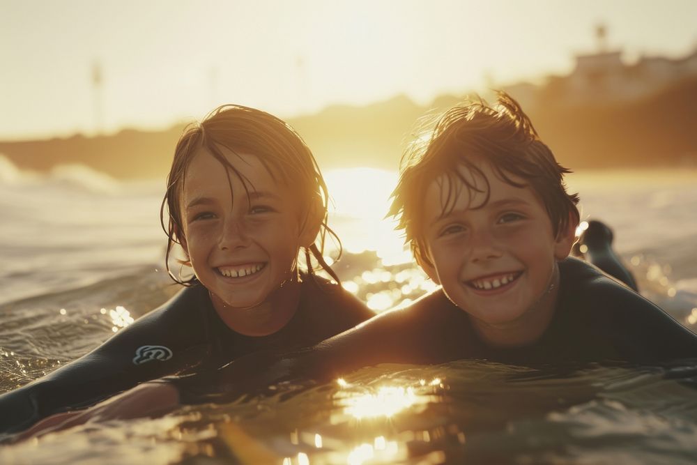 Two diversity cool kids surfing photography swimming laughing.