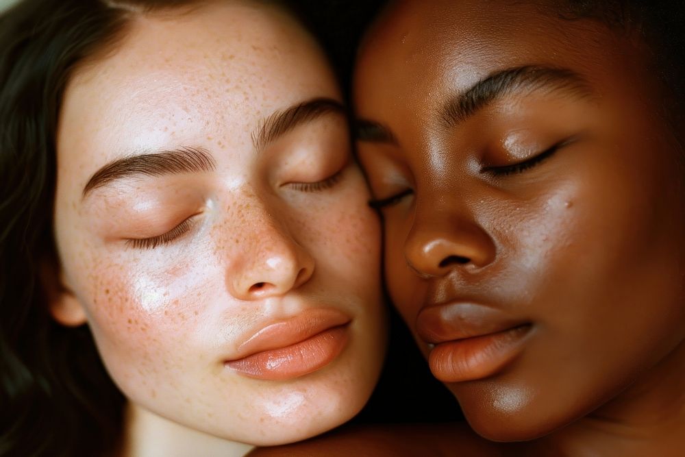 2 women closing their eyes skin adult togetherness.