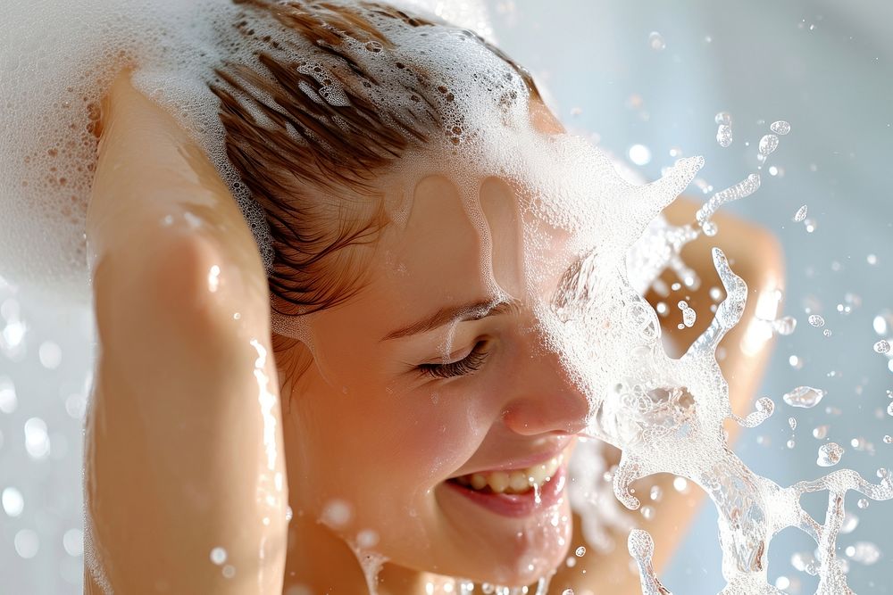A happy girl washing hair bathroom bathing happiness.