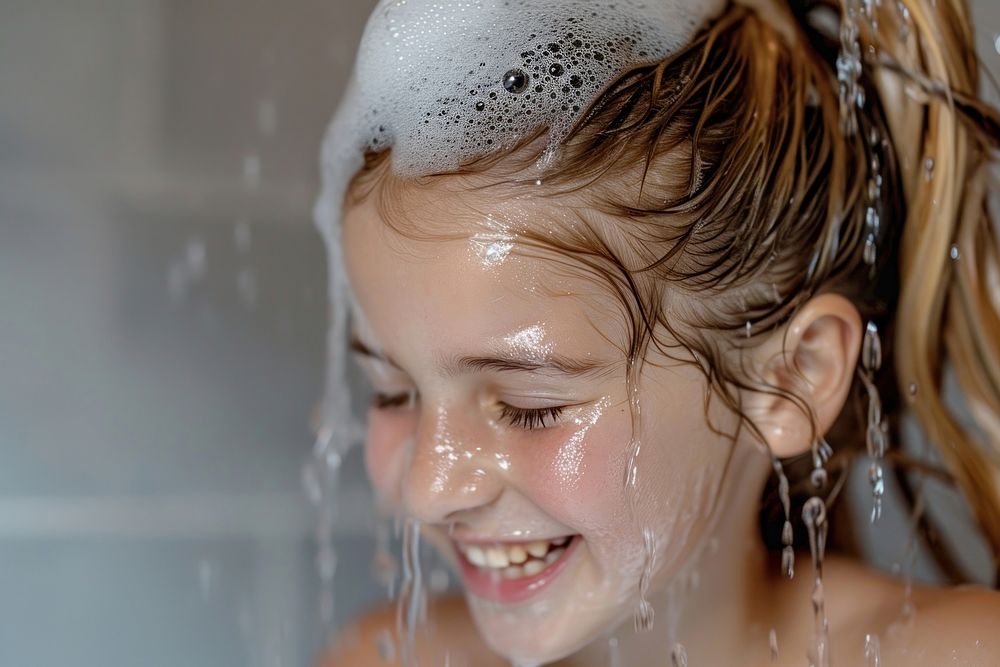 A happy girl washing hair bathroom bathing adult.