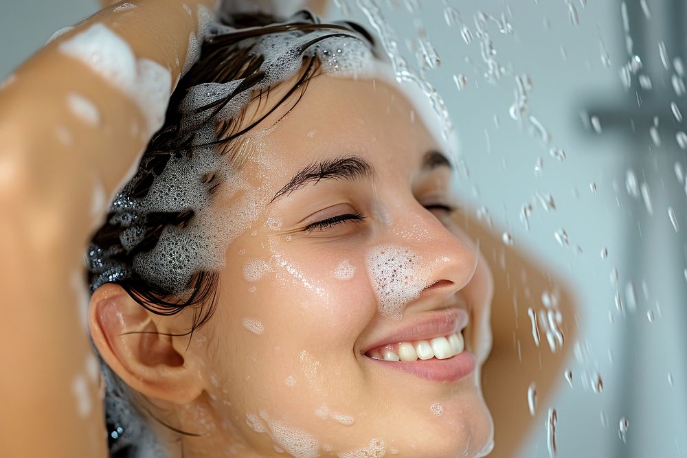 A happy girl washing hair bathroom adult transparent.