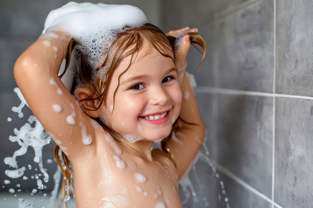 A happy girl washing hair bathing happiness innocence.