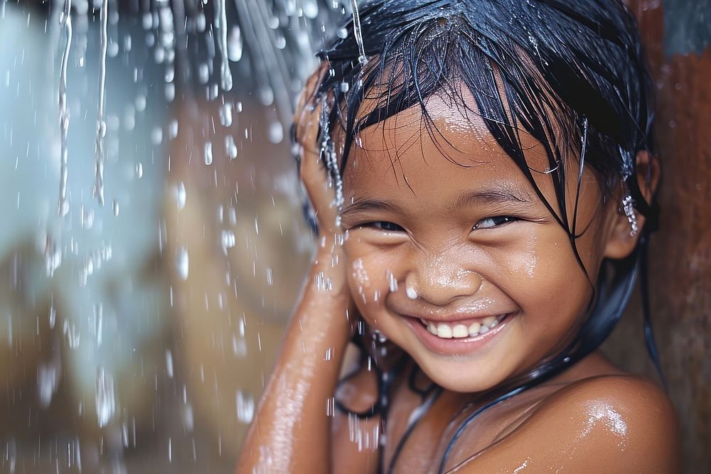 A happy kid washing hair bathing shower child.