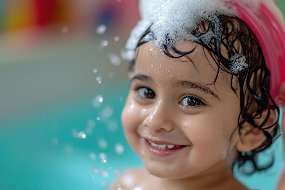 A happy kid washing hair portrait bathing smile.