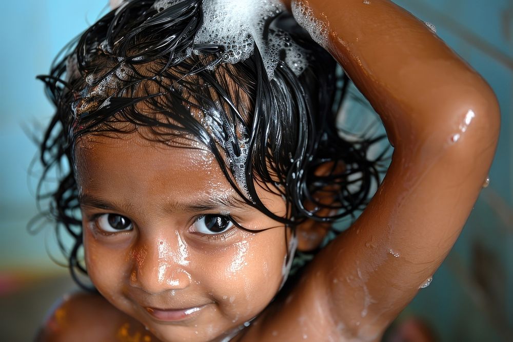 A happy kid washing hair bathing innocence happiness.