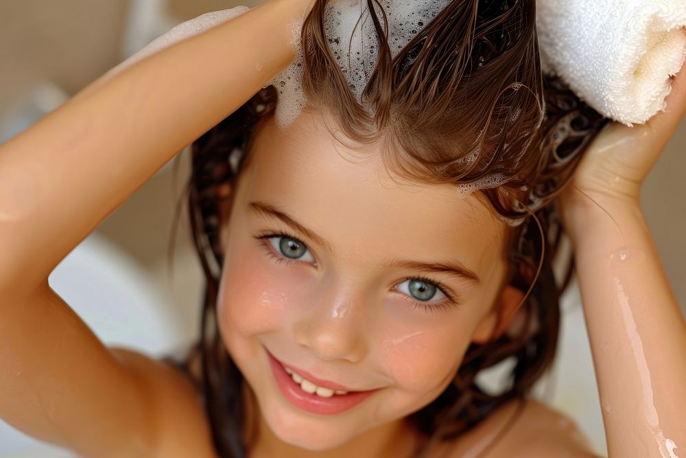 A happy kid washing hair bathroom bathing hairstyle.