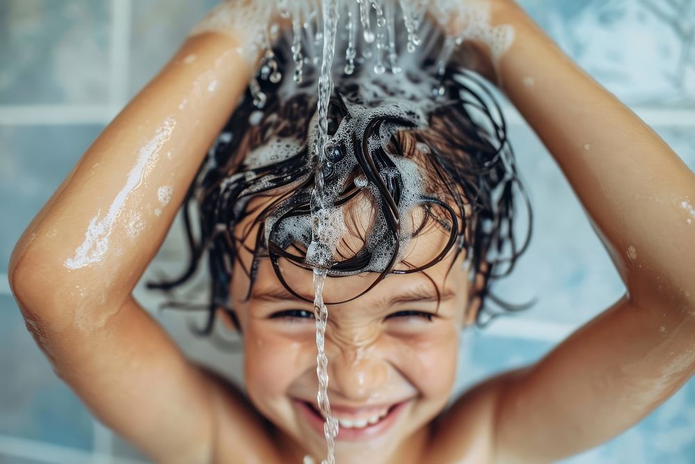 A happy kid washing hair bathroom bathing shower.