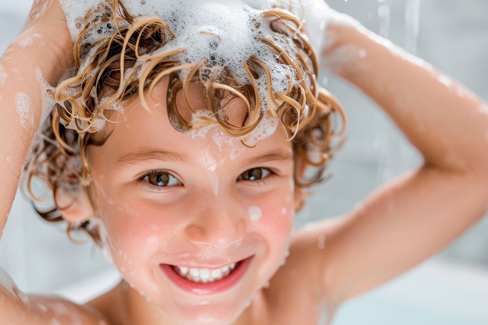 A happy kid washing hair bathroom bathing happiness.