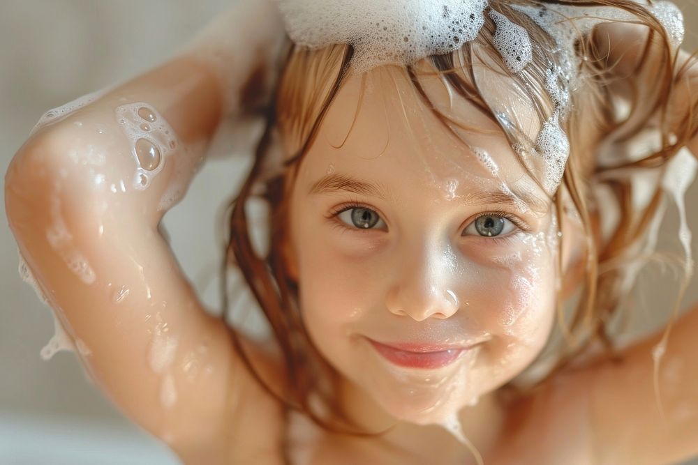 A happy kid washing hair bathroom bathing baby.