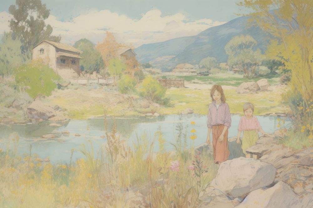 Riverside next to mountain in Japan architecture outdoors painting.