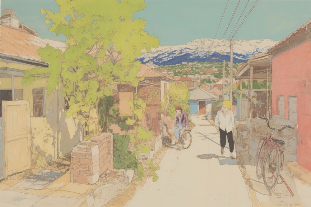 Small town in Japan outdoors painting bicycle.