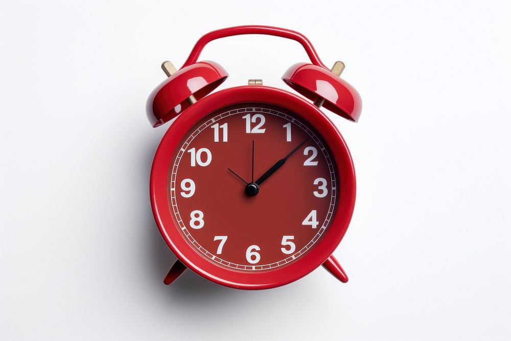 Red alarm clock coffee cup white background deadline accuracy.