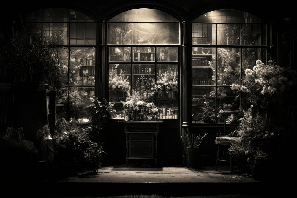 Flower shop monochrome lighting window.
