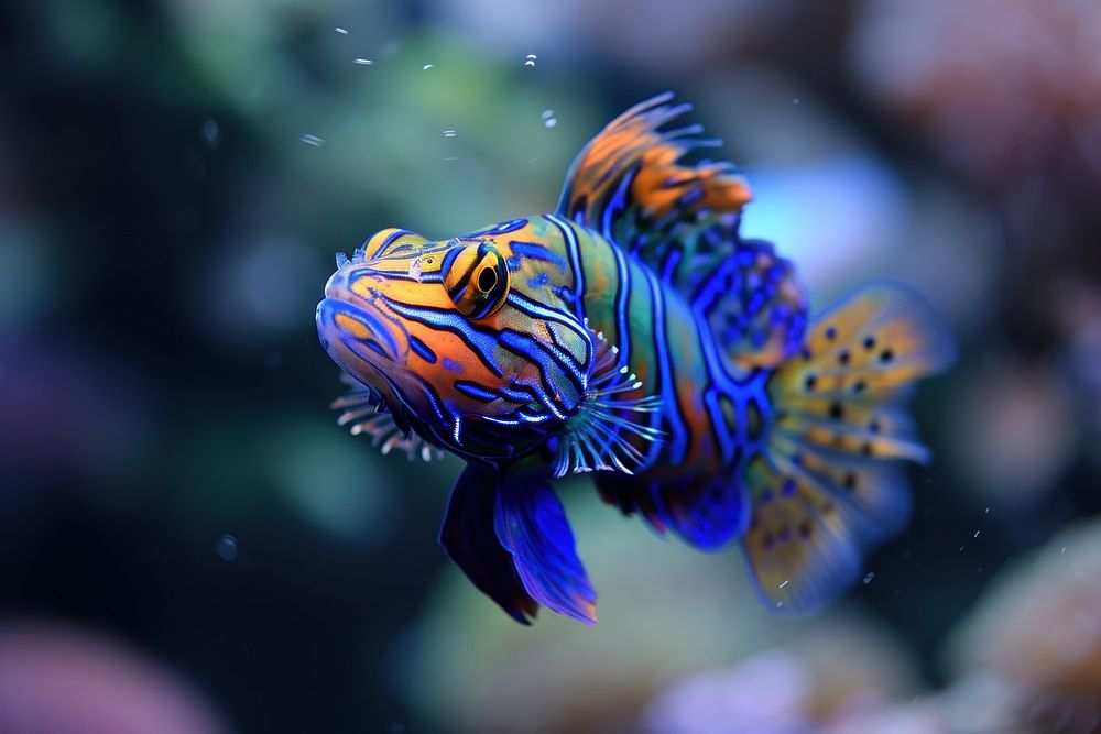Mandarin fish underwater aquarium outdoors.