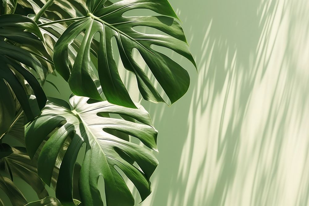  A green wall with monstera leaves and shadows nature outdoors plant. AI generated Image by rawpixel.