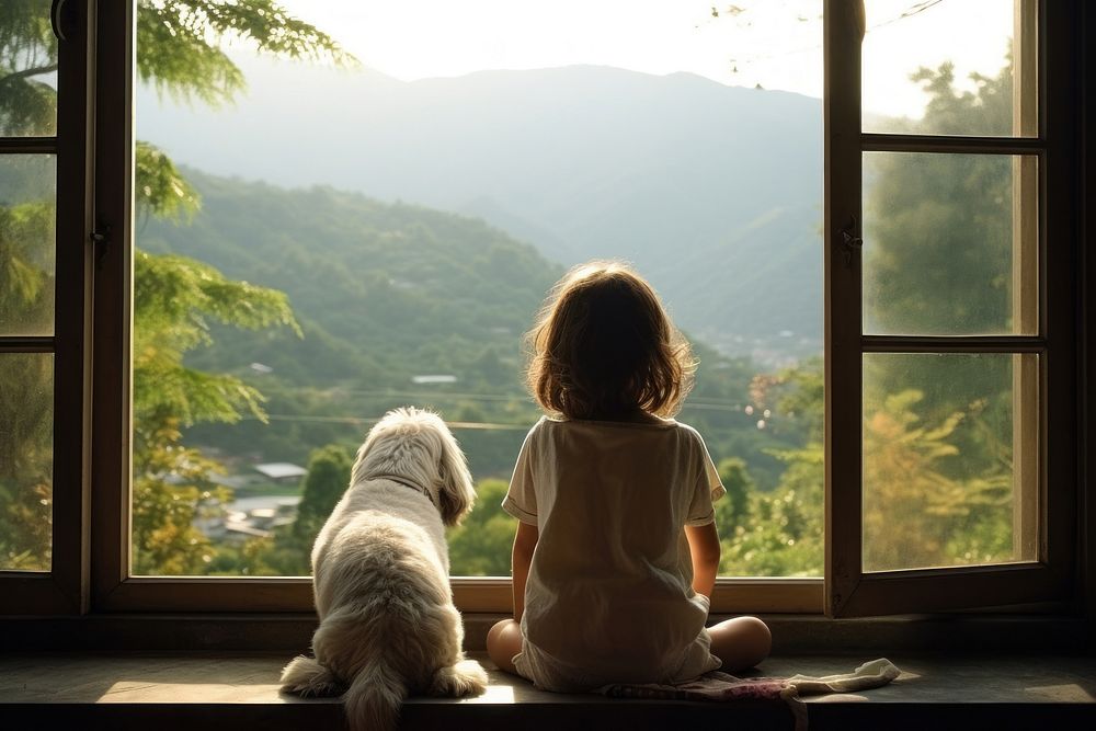 The window view with a girls and a dog looking out sitting mammal child.