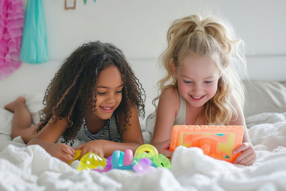 Two girls looking at a plastic laptop toy child bed concentration.