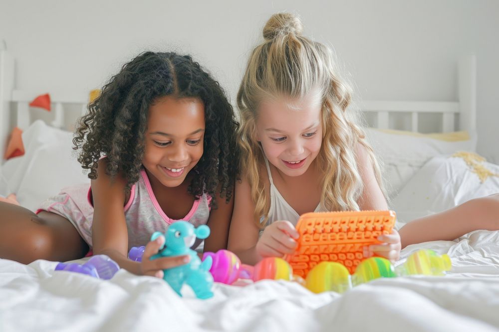 Two girls looking at a plastic laptop toy child bed togetherness.