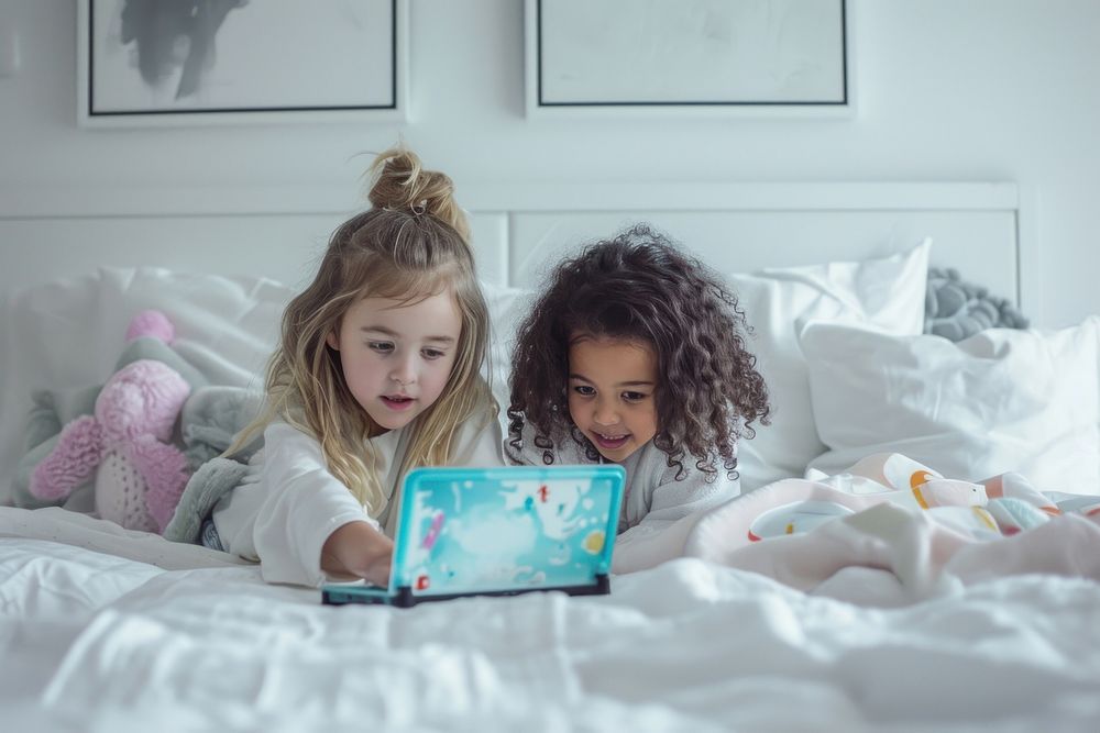 Two girls looking at a plastic laptop toy bed furniture child.