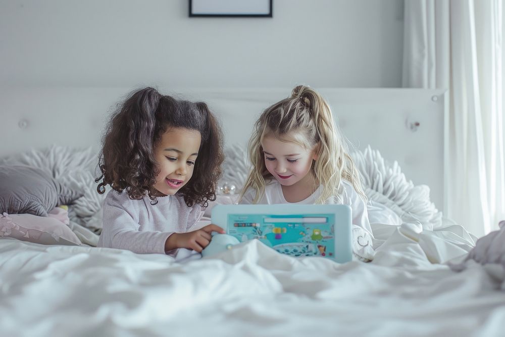 Two girls looking at a plastic laptop toy child bed togetherness.