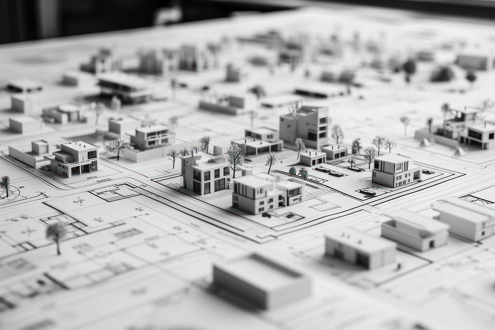 Black and white modern architect plan transportation architecture tilt-shift.