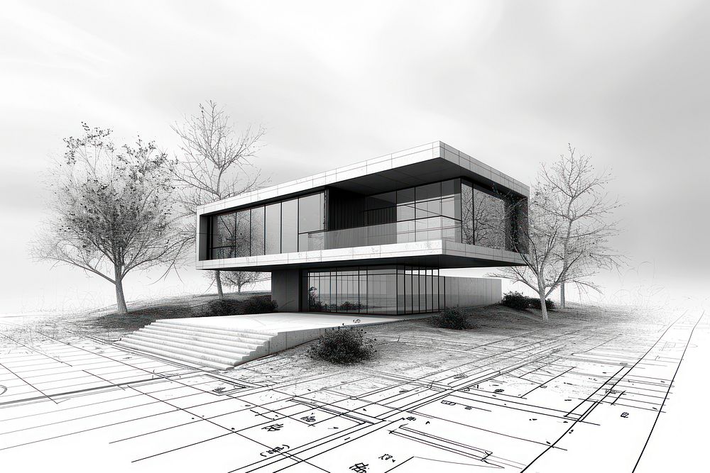 Black and white modern architect blueprint diagram drawing sketch.