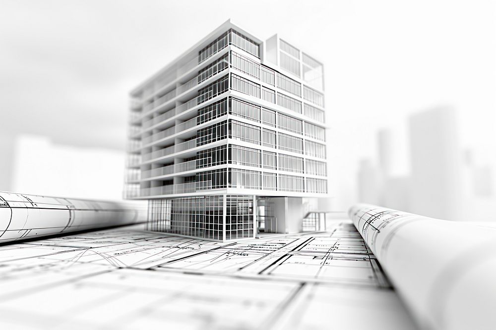 Black and white modern architect blueprint architecture building diagram.