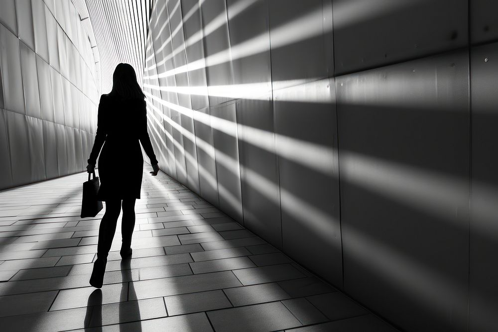 Silhouette Black and white isolate business woman walking architecture corridor light.