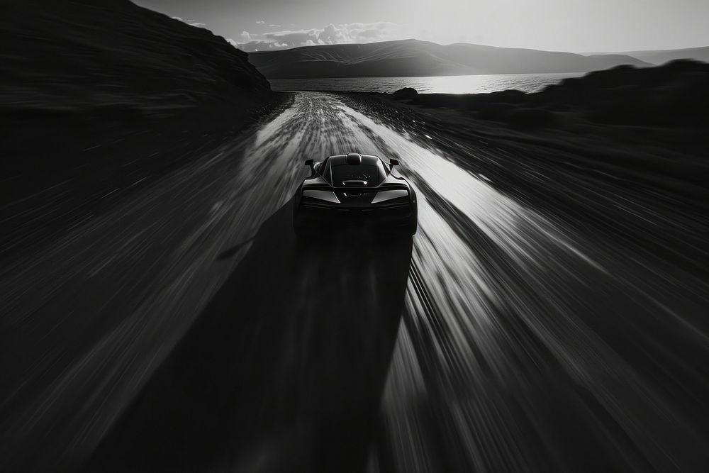 Silhouette Black and white isolate car on the long route vehicle motion speed.