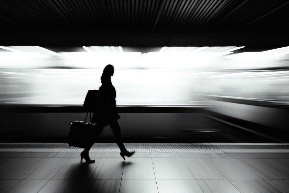 Silhouette Black and white isolate business guy walking motion speed.