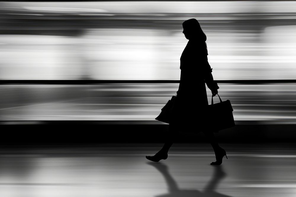 Silhouette Black and white isolate business woman walking motion speed black.