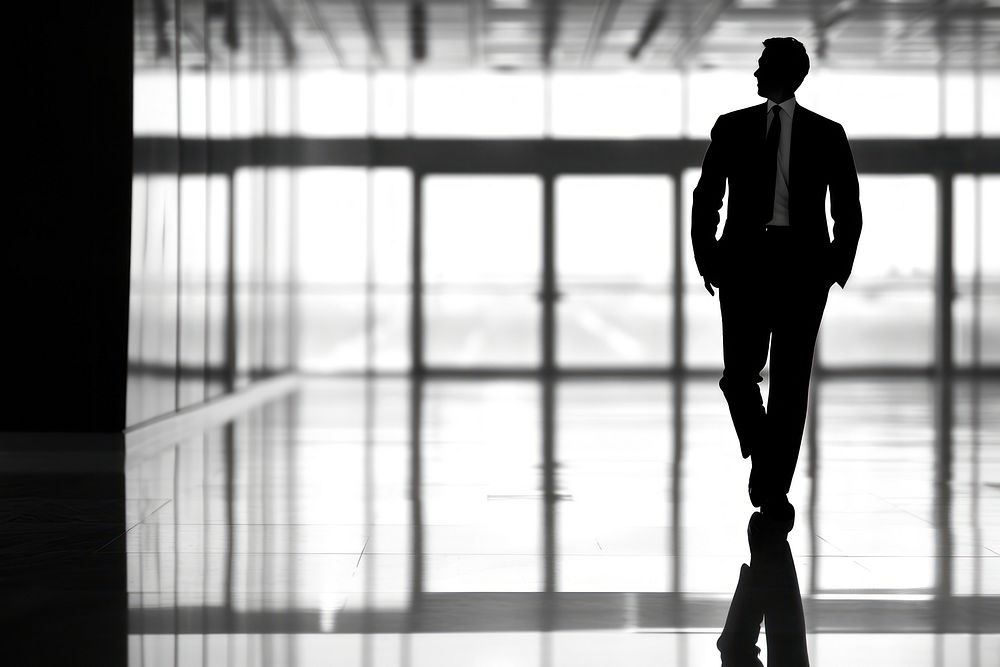 Silhouette Black and white isolate business guy architecture standing walking.