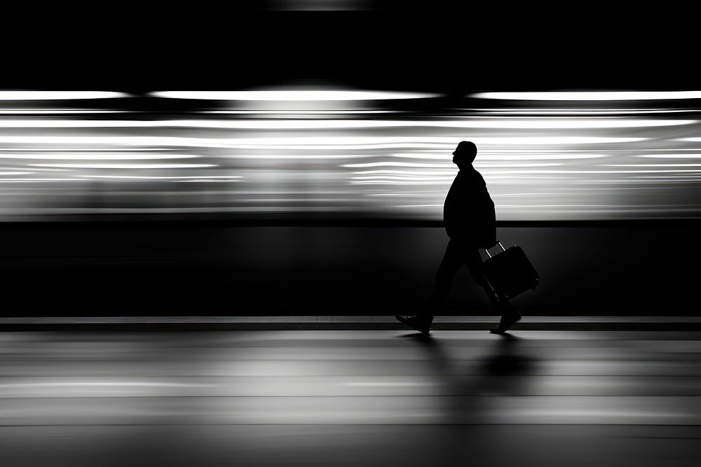 Silhouette Black and white isolate business guy walking motion speed.