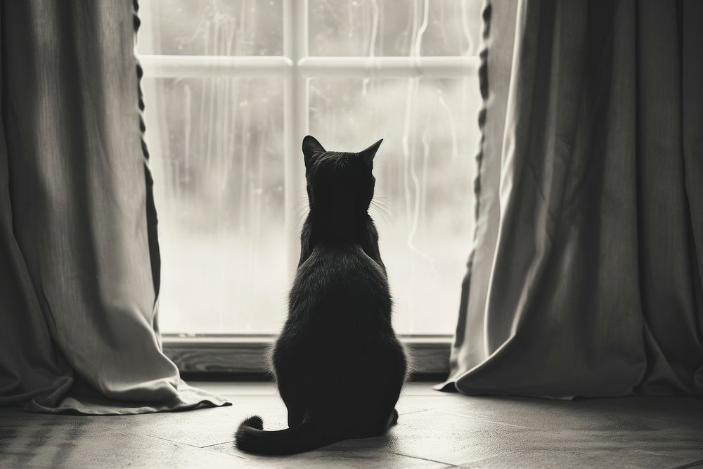 Silhouette Black and white isolate cat sitting at the window windowsill curtain mammal.