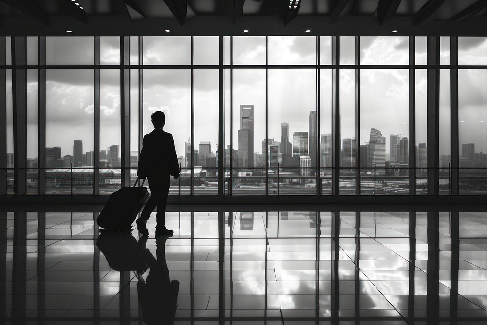 Sillhouette Black and white isolate business guy airport black infrastructure.