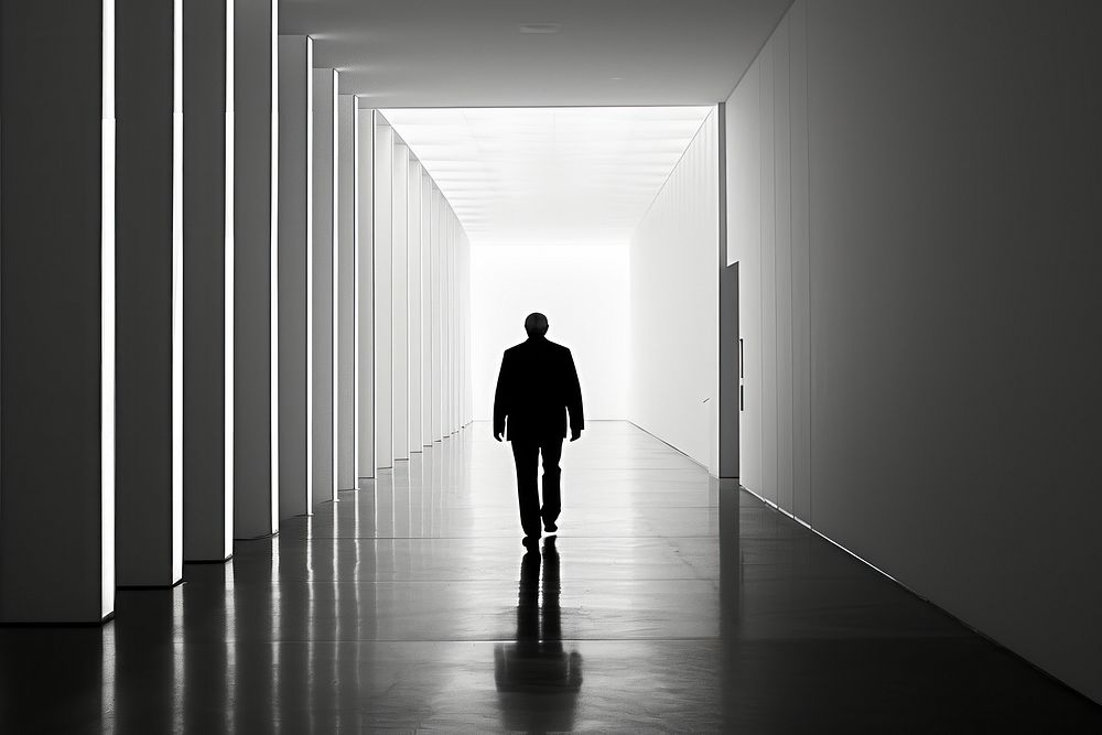Sillhouette Black and white isolate man architecture building corridor.