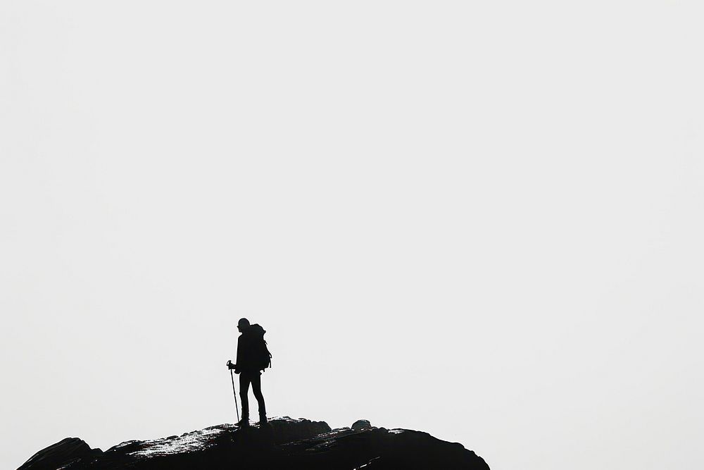 Sillhouette Black and white guy hiking silhouette adventure standing.
