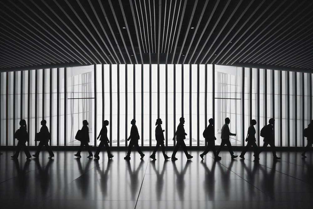 Silhouette Black and white people walking black choreography architecture.